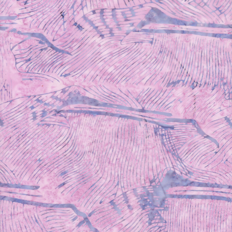 Mottled pink-purple fabric with an abstract pattern of lines resembling layered banana leaves 