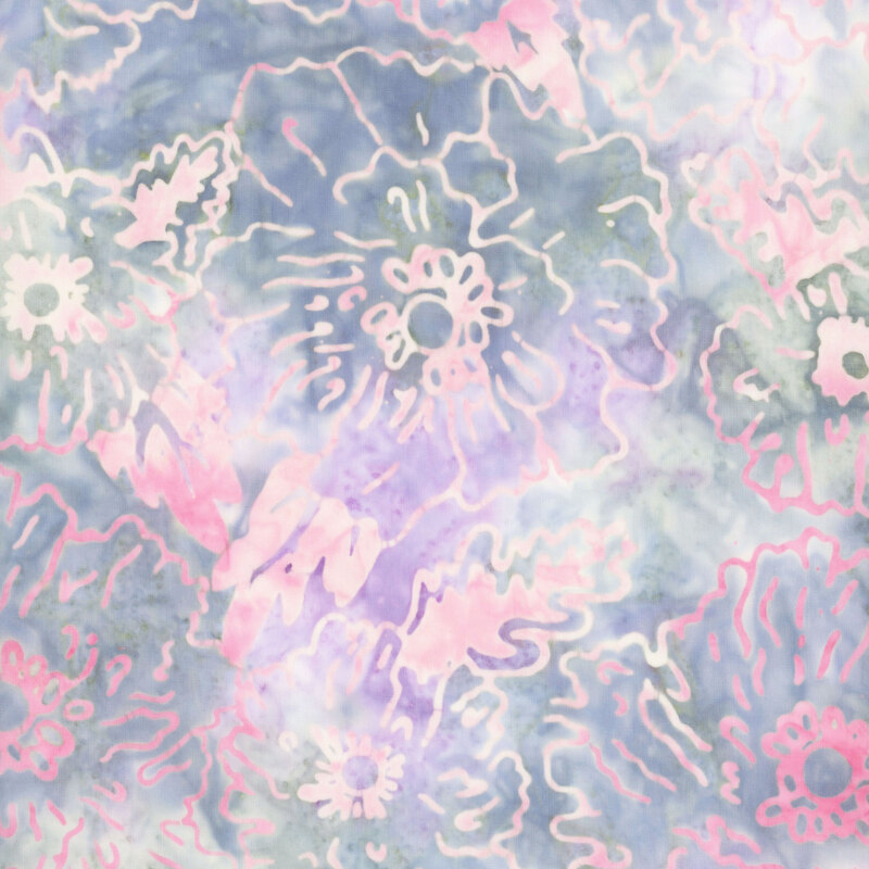 Watercolor gray fabric with indigo splotches, with a light pink peony floral pattern