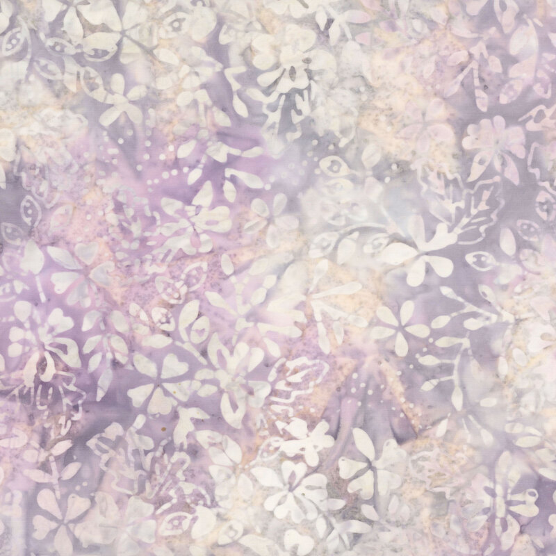 Dusty purple watercolor fabric with violet splotches and a pattern of tonal florals and leaves