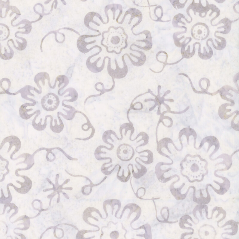 Dove gray mottled fabric with a pattern of tonal dark gray florals with looping vines