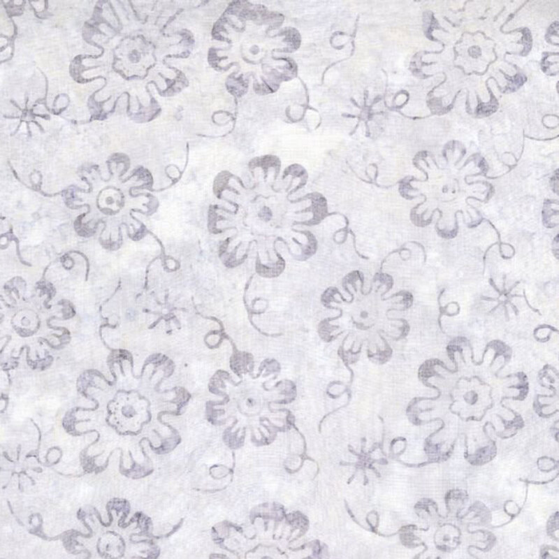 Dove gray mottled fabric with a pattern of tonal dark gray florals with looping vines