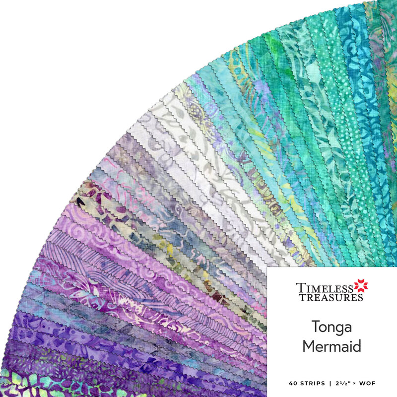 Fanned out collage of the batik fabric in the collection in purple, light gray, and turquoise