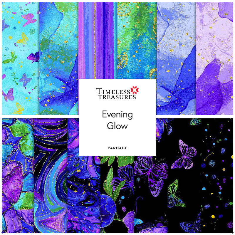 Colorful fabric swatches featuring butterflies and abstract designs in shades of purple and blue, labeled Evening Glow.