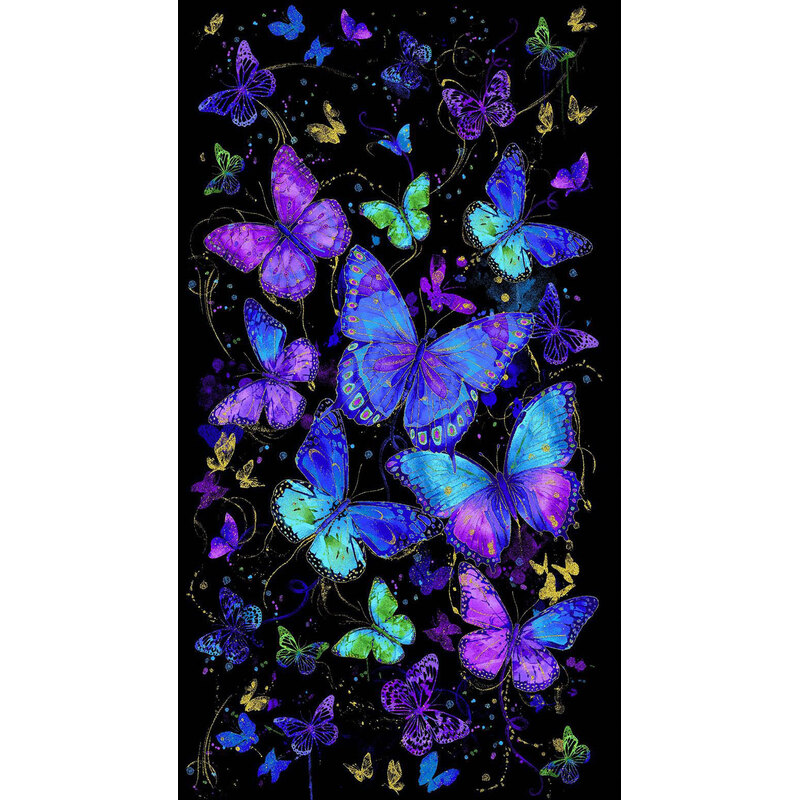 Black fabric panel adorned with a pattern of iridescent butterflies and gold metallic accents.