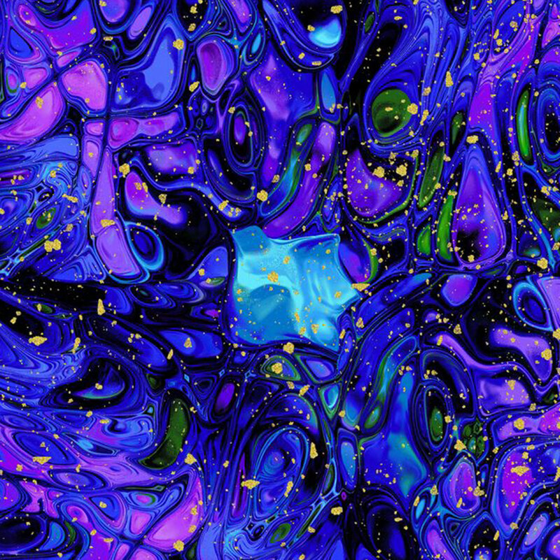 Mottled iridescent fabric with an abstract, oil-like design flecked with metallic gold accents.