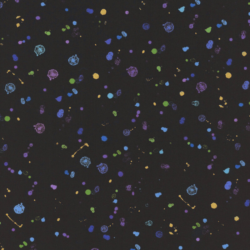 Black fabric with a pattern resembling multicolored paint splotches.