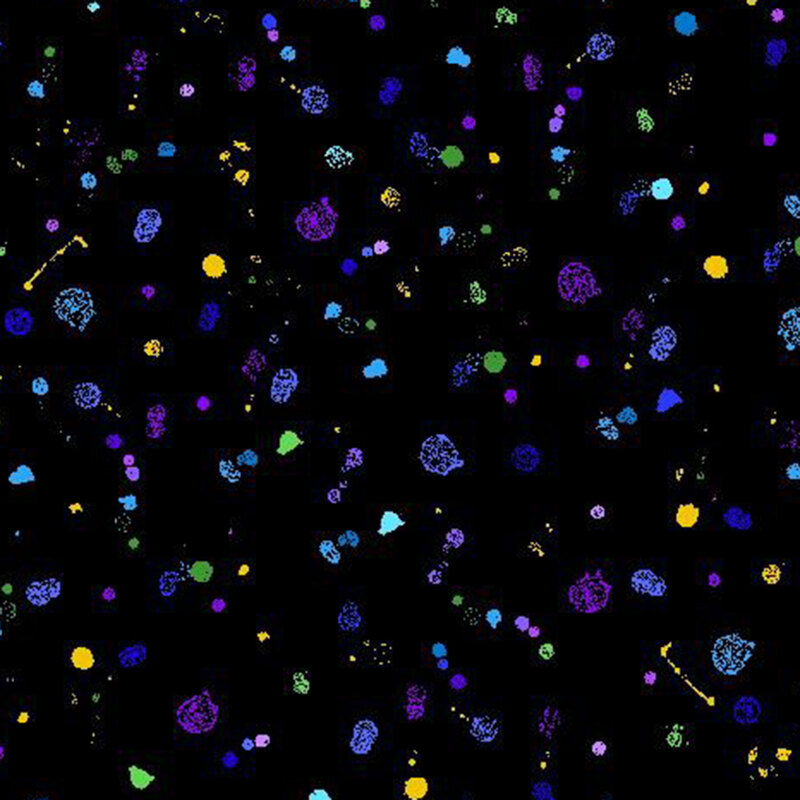 Black fabric with a pattern resembling multicolored paint splotches.