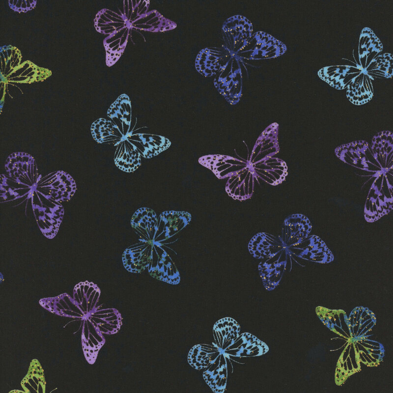 black fabric adorned with a pattern of mottled butterflies in shades of blue, aqua, purple, and green, accented with golden metallic dots.