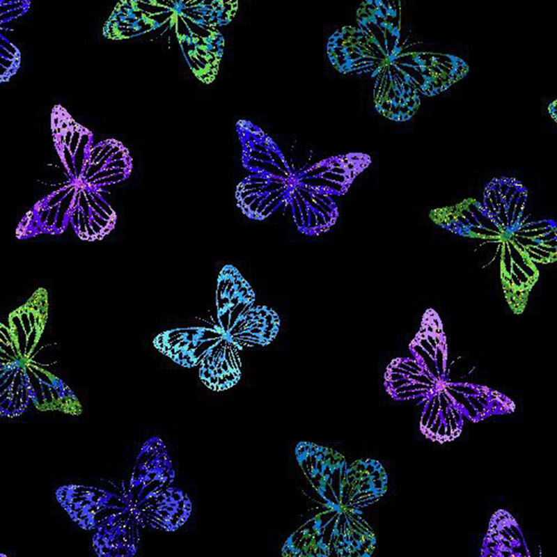 black fabric adorned with a pattern of mottled butterflies in shades of blue, aqua, purple, and green, accented with golden metallic dots.