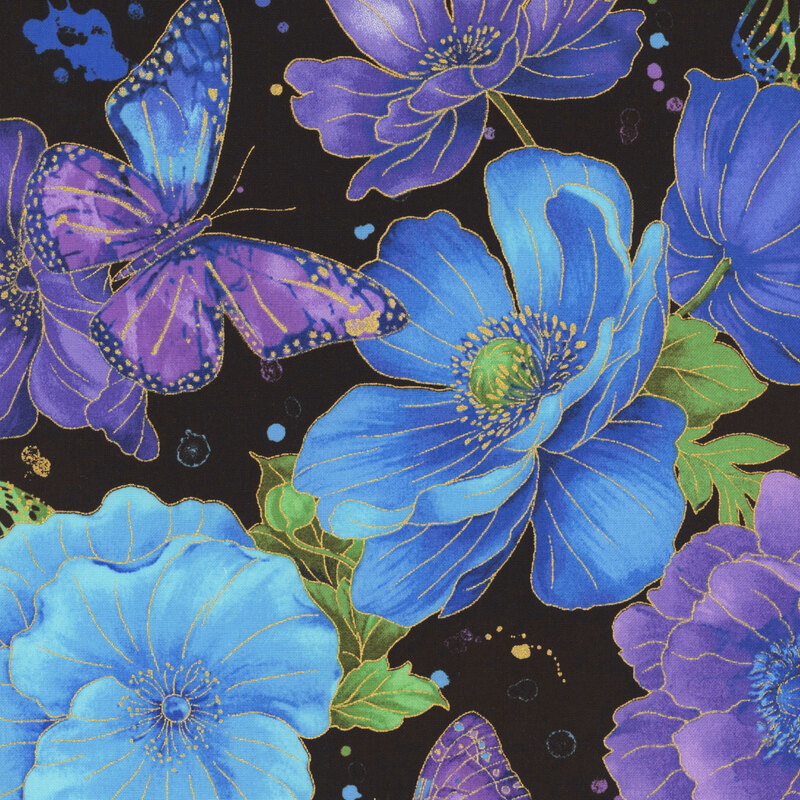 Black fabric with purple and aqua florals, colorful leaves, and iridescent butterflies accented with golden metallic details.