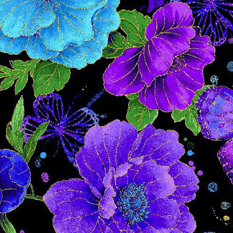 Black fabric with purple and aqua florals, colorful leaves, and iridescent butterflies accented with golden metallic details.
