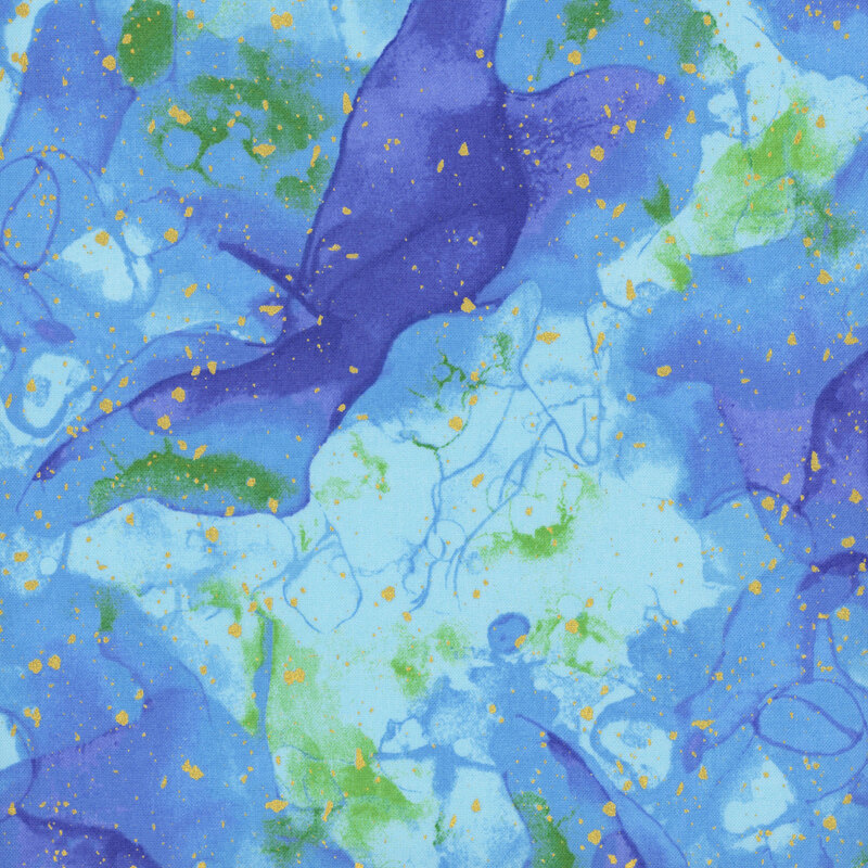 Aqua-hued fabric with an abstract mottled design flecked with metallic gold accents.