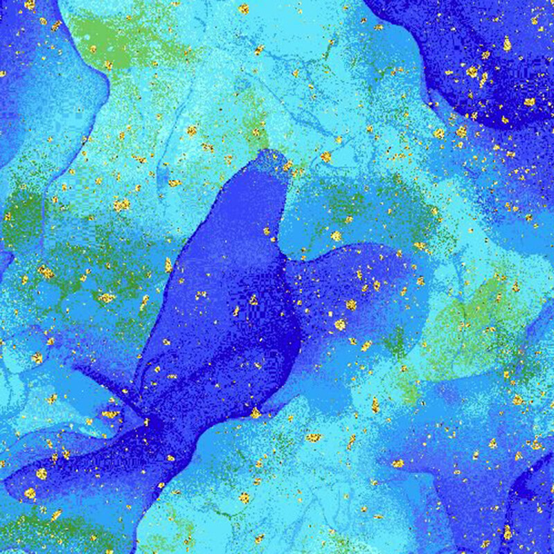Aqua-hued fabric with an abstract mottled design flecked with metallic gold accents.