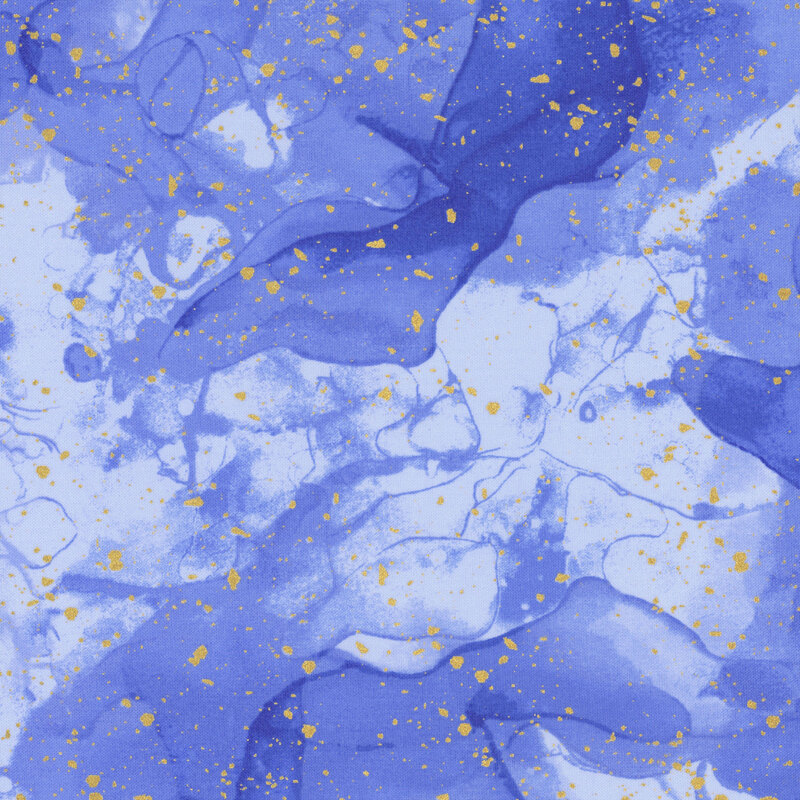 Blue fabric with an abstract mottled design flecked with metallic gold accents.