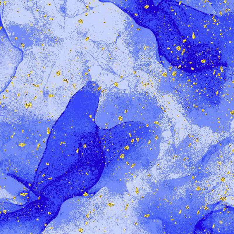 Blue fabric with an abstract mottled design flecked with metallic gold accents.