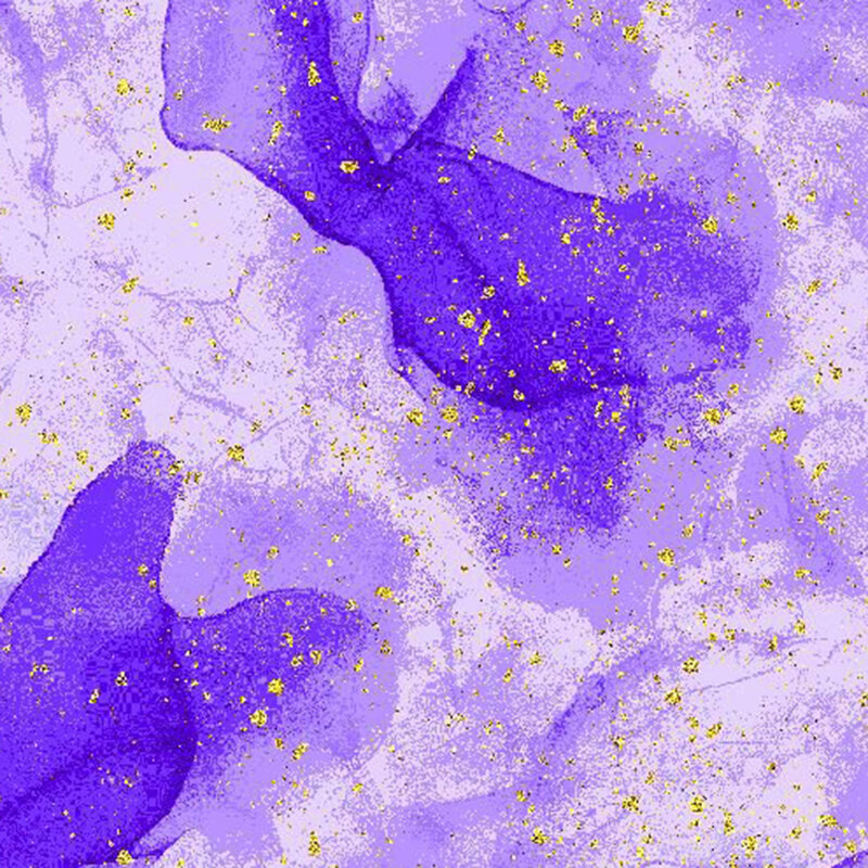 Purple fabric with an abstract mottled design flecked with metallic gold accents.