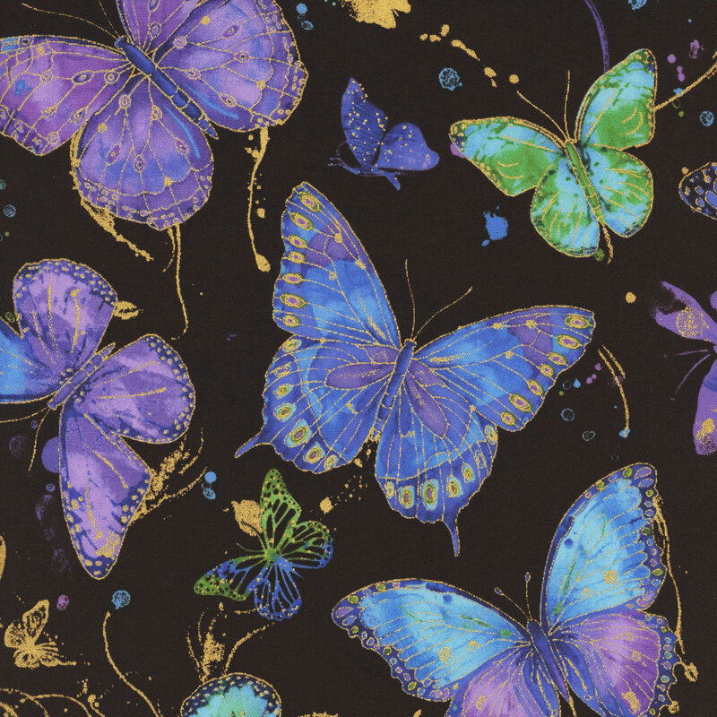 Black fabric with a pattern of mottled, iridescent-hued butterflies with golden metallic accents.