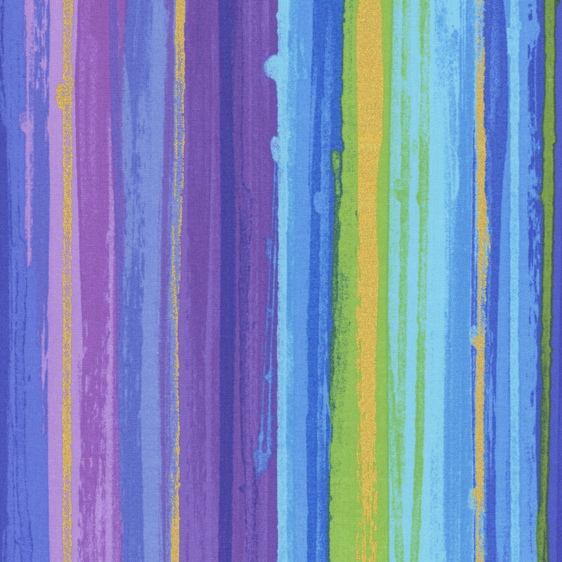 Multicolored fabric with a pattern of textured stripes in blue, purple, green, and metallic gold accents.