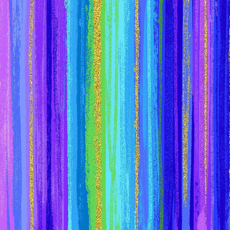 Multicolored fabric with a pattern of textured stripes in blue, purple, green, and metallic gold accents.