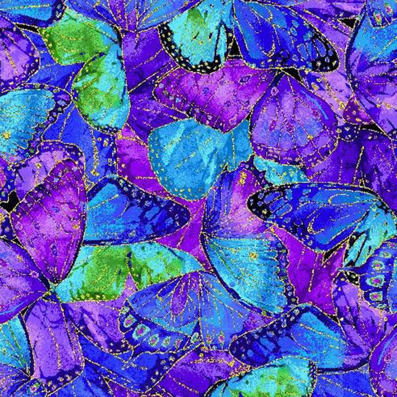 Fabric with dense pattern of iridescent butterfly wings with golden accents.