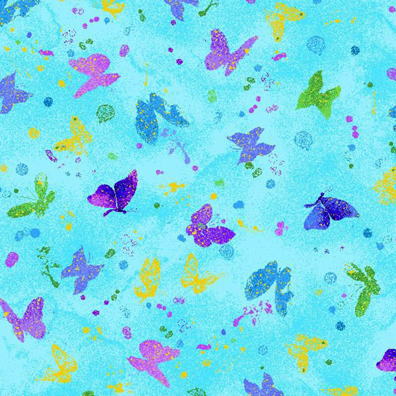 Mottled bright aqua fabric with a pattern of multicolored paint splotches and butterflies.