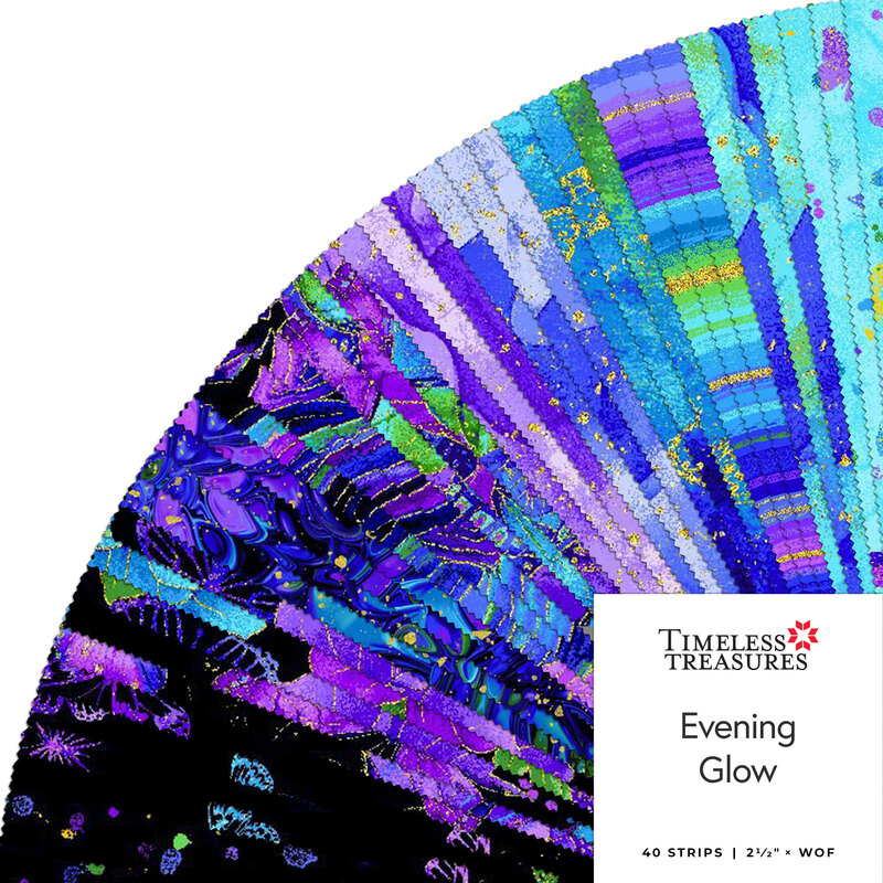 Colorful fabric strips in purple, blue, and teal arranged in a fan, labeled Evening Glow.