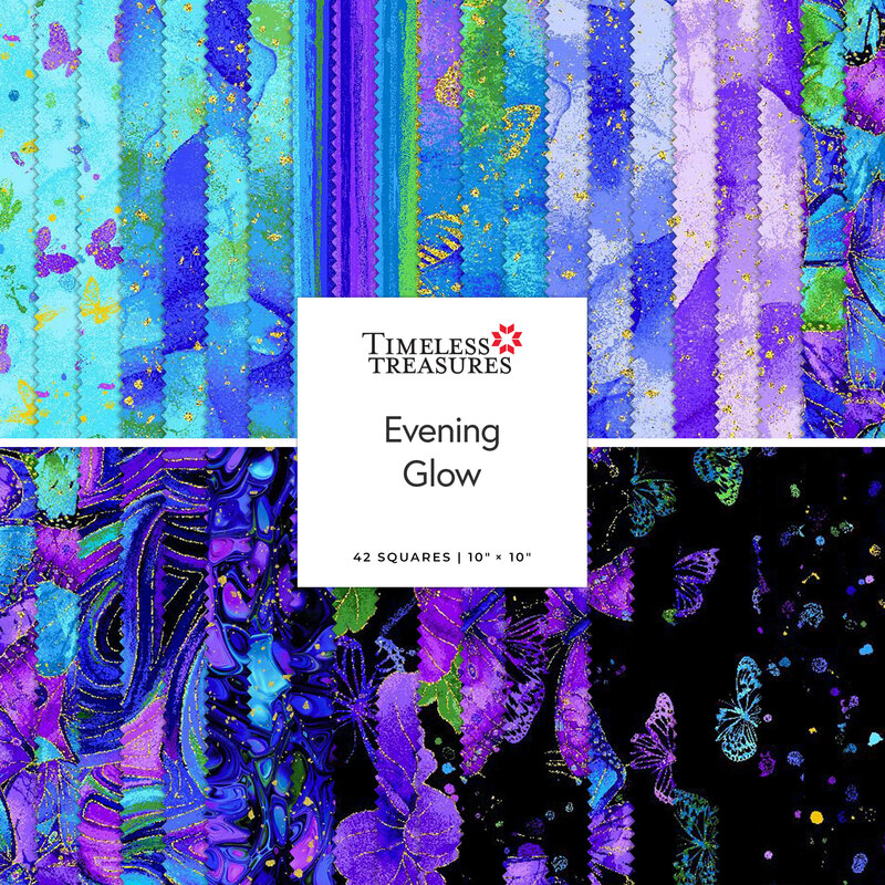 Colorful fabric squares featuring vibrant patterns and hues, titled Evening Glow by Timeless Treasures.