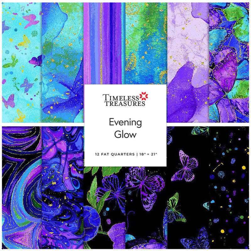 A collection of vibrant fabric designs featuring butterflies and colorful patterns in blue and purple hues.