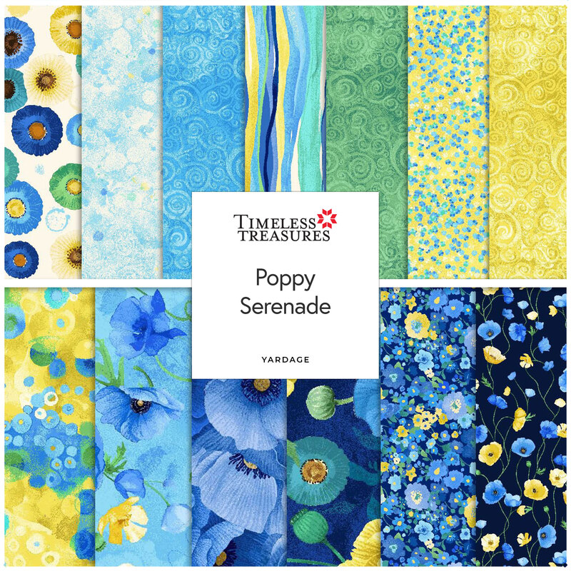 A fabric collage featuring blue and yellow fabric from the collection Poppy Serenade by Timeless Treasures Fabrics. 