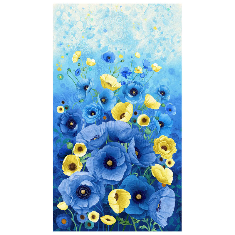 A blue fabric panel featuring blue and yellow poppies on an ombre background. 