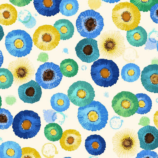 A cream fabric tossed with stylized blue, yellow, green, and teal poppies. 