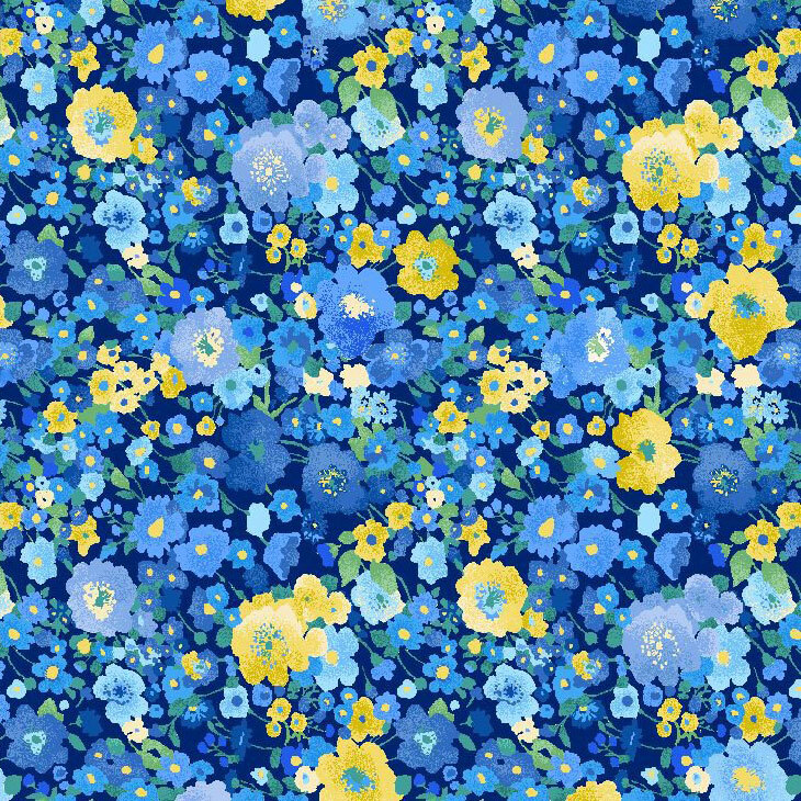 A navy blue fabric with layered blue and yellow flowers. 