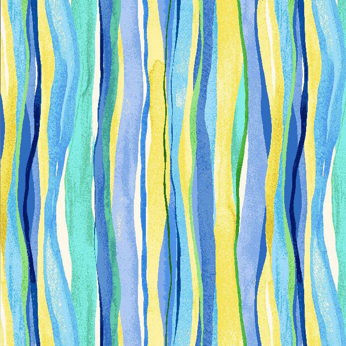 A multicolor fabric with wavy stripes in blue, green, navy, yellow, and teal. 