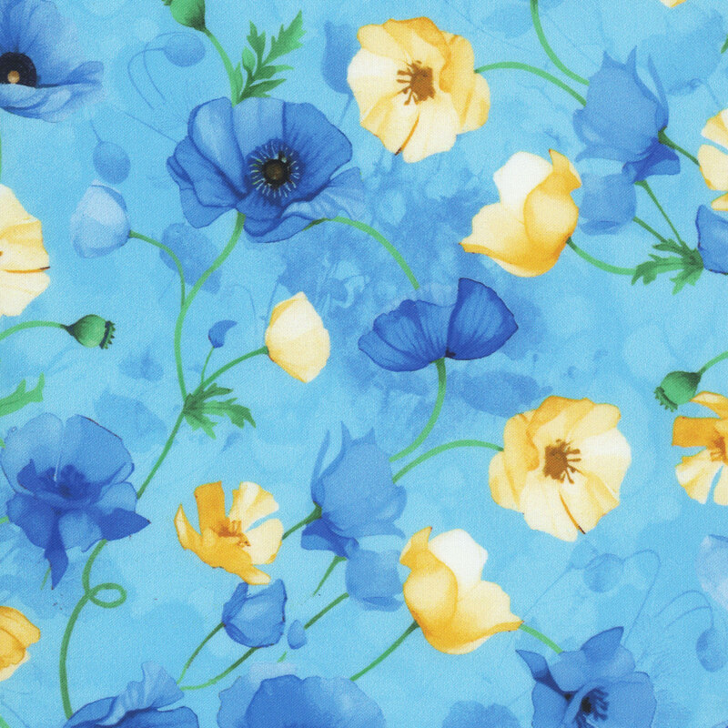 A light blue fabric with blue and yellow poppies on green stems. 