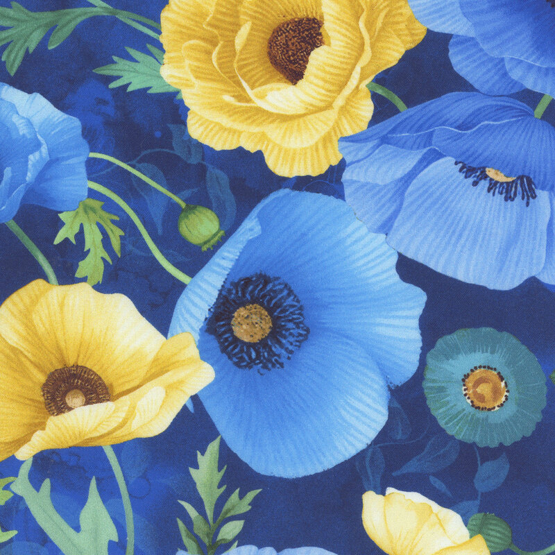 A blue fabric with blue and yellow poppies on green stems. 