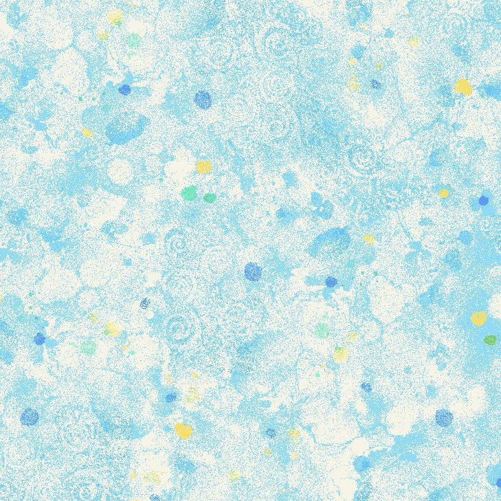 A textured light blue fabric with blue, green, and yellow splotches. 