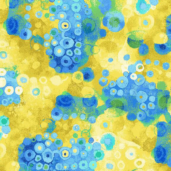 A marbled yellow fabric layered with blue watercolor splotches and circles.  