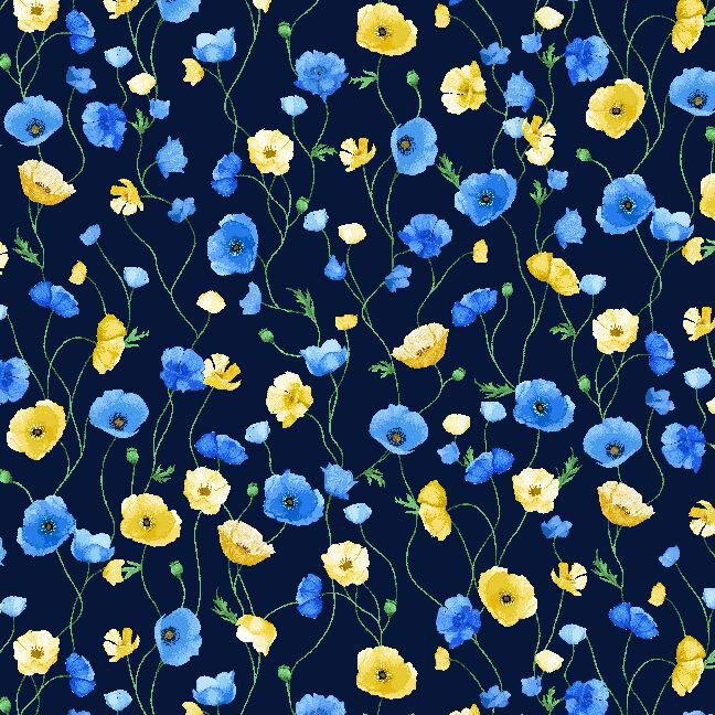 A navy blue fabric with yellow and blue poppies on green vines. 