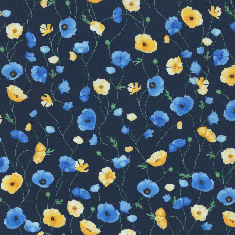 A navy blue fabric with yellow and blue poppies on green vines. 