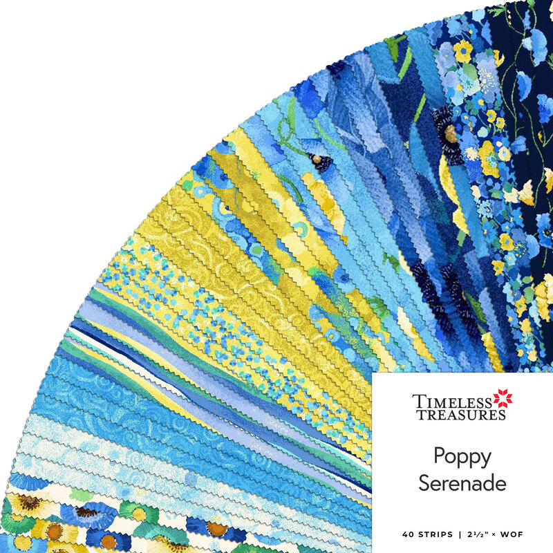 A fanned fabric collage featuring blue and yellow fabric from the collection Poppy Serenade by Timeless Treasures Fabrics. 