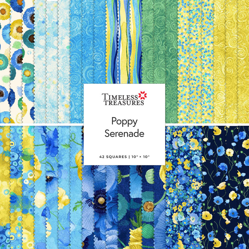 A fabric collage featuring blue and yellow fabric from the collection Poppy Serenade by Timeless Treasures Fabrics. 