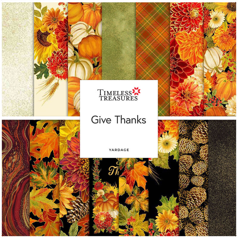 A fabric collage featuring gold metallic fall fabric from the collection Give Thanks from Timeless Treasures.