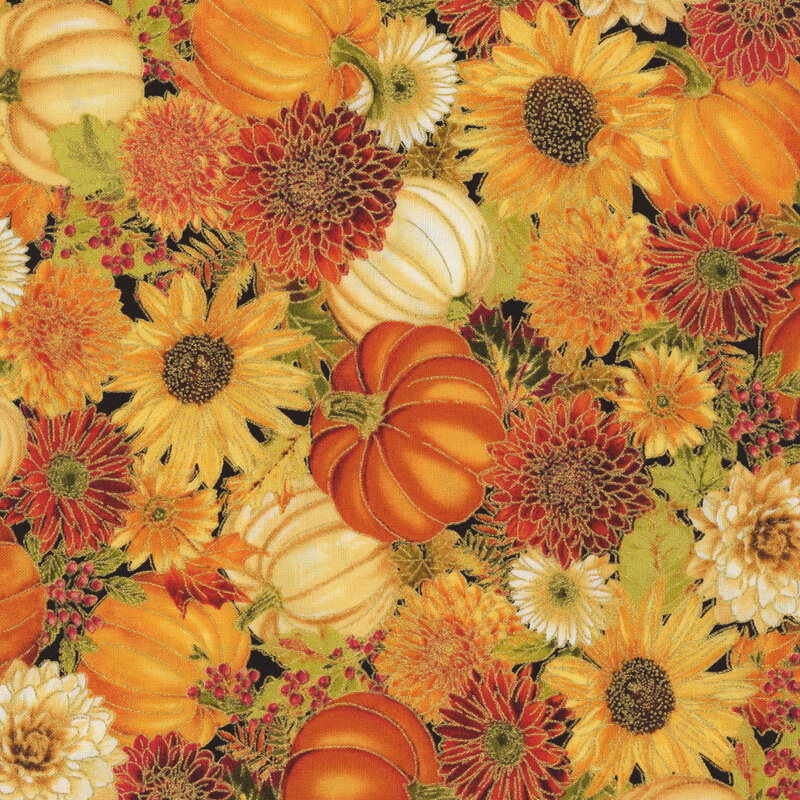 A multicolor fabric packed with pumpkins, flowers, and fall leaves.