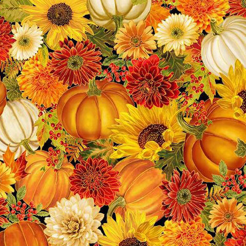A multicolor fabric packed with pumpkins, flowers, and fall leaves.