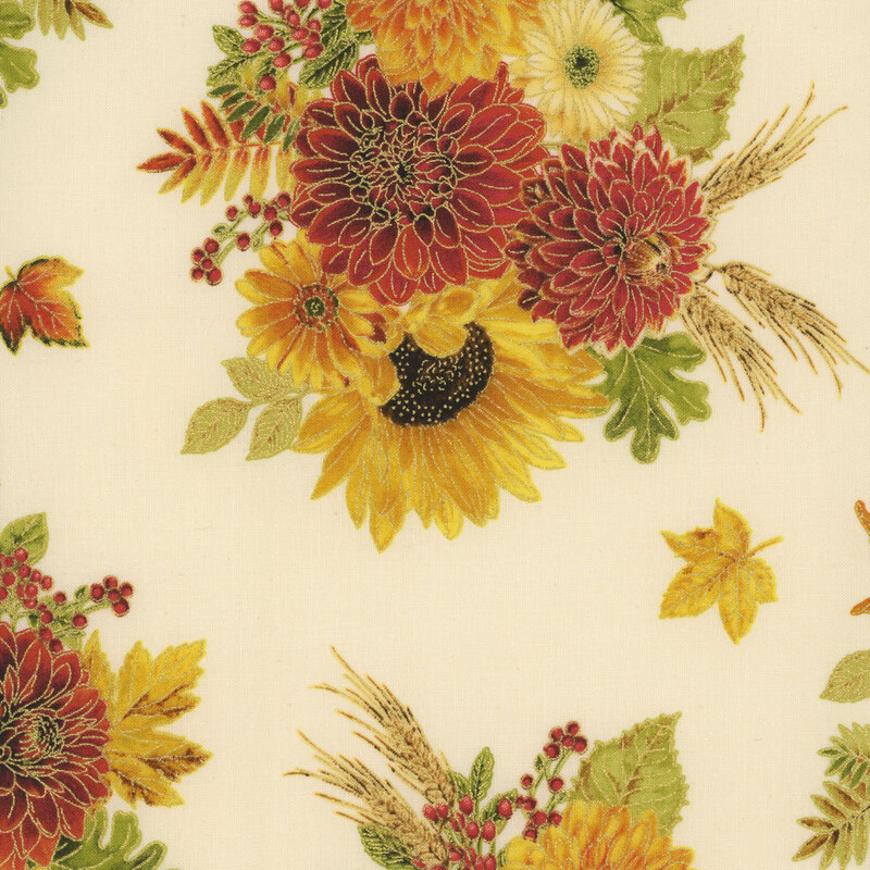 A cream fabric with large print fall florals, wheat, and leaves.