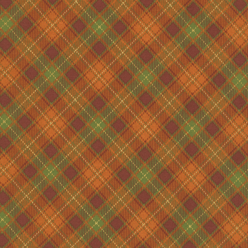 A orange plaid with green, wine, and metallic gold accents. 