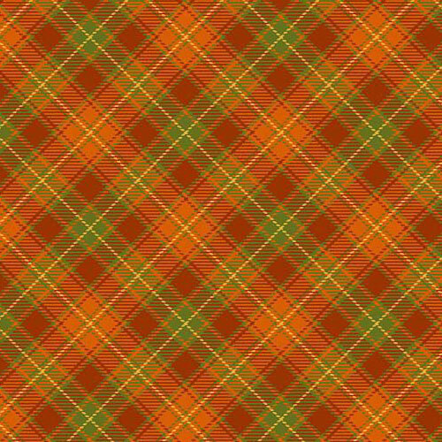A orange plaid with green, white, and red accents. 