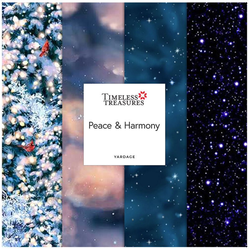 Collage of four patterned fabrics with a central label reading Peace & Harmony by Timeless Treasures.
