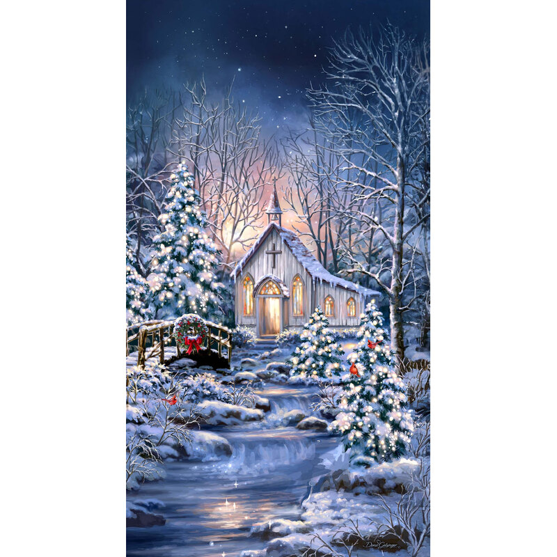 Dark blue panel with a peaceful Christmas scene with a small church nestled in a snowy forest beneath a clear night sky.