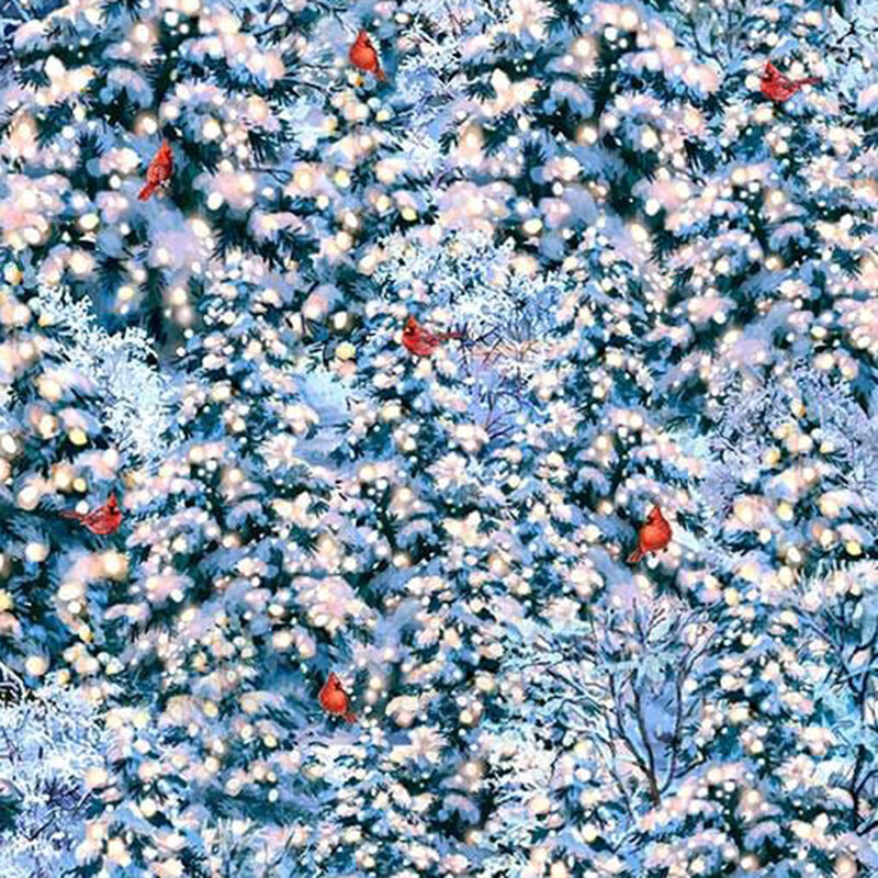 White fabric with a dense pattern of snow-covered Christmas trees adorned with lights and cardinals perched on the branches.